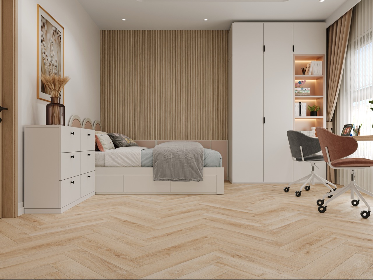 Кварцвиниловый SPC ламинат Cronafloor Herringbone Дуб Дижон H010 венгерская елка 640×128×4,5 фото в интерьере